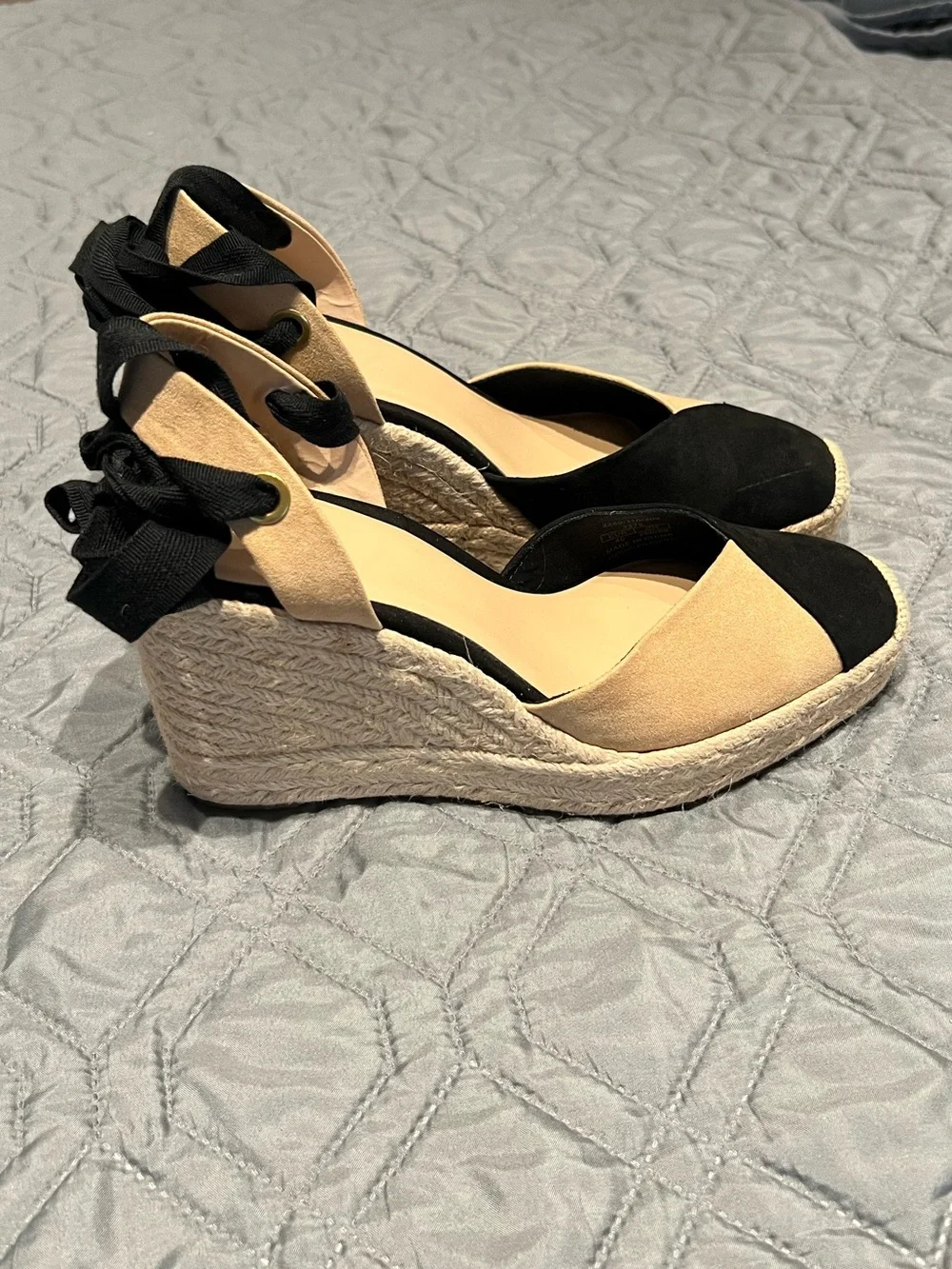 Zara Black and Tan Suede Preppy Espadrille Wedge Sandals with Wrap Ankle Ties